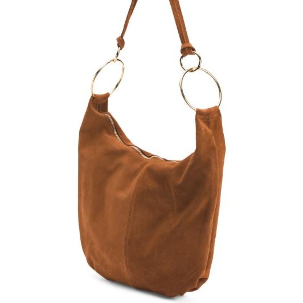 NWT Marlon Rosita Hobo Bag Gold Rings Suede Leather Made in Italy Golden Brown - Picture 4 of 10